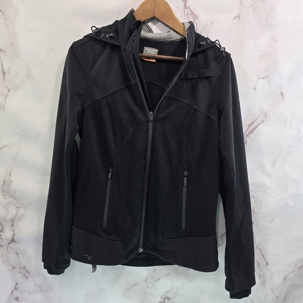 Icebreaker Jacket Womens Medium Black Wool Full Zip Coat Mid Layer Wind Hooded